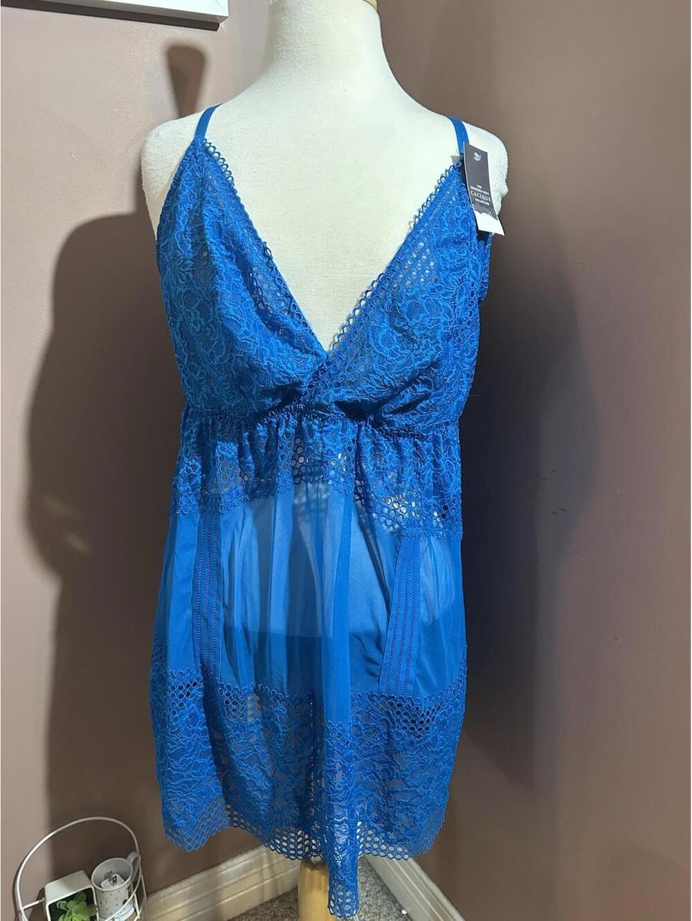 Cacique Babydoll Lingerie Plus Size 22/24 Blue Sexy Gown Chemise Lace New